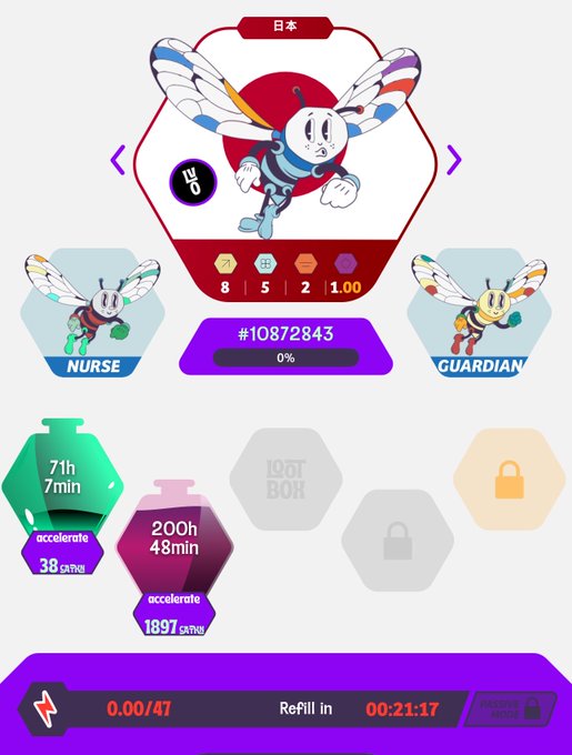 The image shows a screenshot of a video game interface with three different characters displayed on the screen. The characters are depicted as colorful cartoon-like creatures, each representing a different profession or role within the game. One character is a bee, another is a nurse, and the third one is a guard. The background of the image features a purple hexagon that has a lock symbol in the center. The text on the image includes the words "Good morning", "The moment we've all been waiting for!", "#M2E #Solana #GameFi".