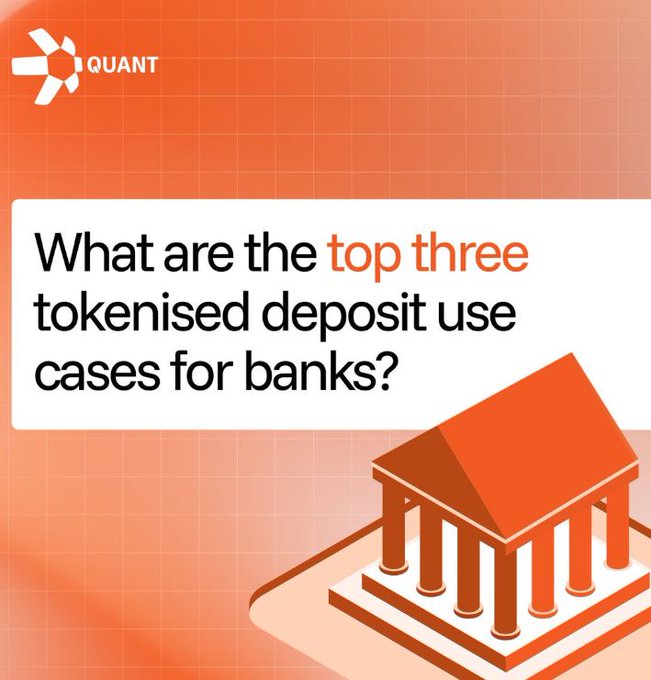 An orange-themed infographic by 'QUANT' asking 'What are the top three tokenised deposit use cases for banks?' accompanied by a 3D illustration of a classical bank building with columns.