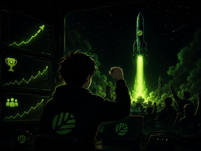 A green-haired anime-style figure pumps their fist before monitors displaying rising charts and player rankings, while outside a rocket emblazoned with a leaf emblem soars skyward into a star-filled night, watched by a cheering crowd—mirroring the explosive community enthusiasm and upward momentum of Block Rocket's first week.