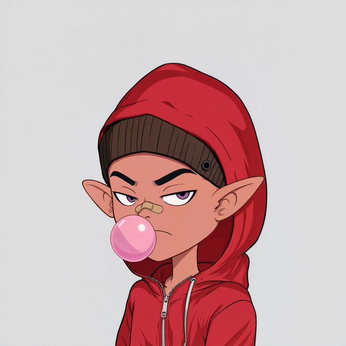 A cartoon illustration of an elf-like character wearing a red hoodie and beanie, blowing a pink bubblegum bubble with a bandaged nose, conveying a confident and edgy vibe that matches the hyped, streetwear aesthetic of the Bakemonoo NFT whitelist giveaway.