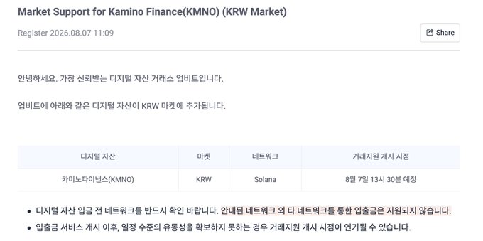 The image displays Upbit's official announcement titled "Market Support for Kamino Finance(KMNO) (KRW) Market," confirming that the KMNO/KRW trading pair on the Solana network will be listed at 1:30 PM on August 7th, aligning with the news of Upbit listing Kamino Finance (KMNO) against the Korean won.
