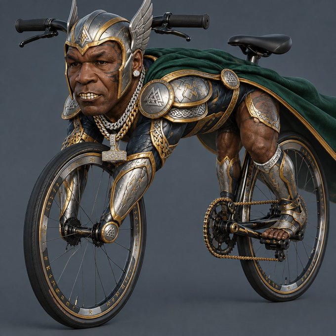 A digitally rendered fantasy figure wears ornate silver and gold armor with a winged helmet, riding a bicycle while crouching over the handlebars in a runner's stance, draped in a green cape.