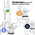 The image features a cartoon depiction of a group of people, each wearing a different colored shirt, with one person holding a blue ball while another holds an orange ball. The caption reads "They don't know they can be Quantum-resistant today". This suggests that the image is related to a discussion about the limitations and challenges faced by blockchain technology in terms of security and resistance to threats or attacks.