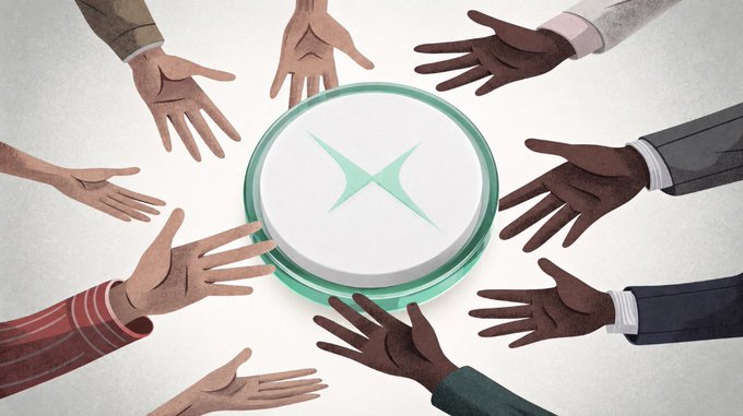 An illustration showing multiple diverse hands reaching inward toward a circular green and white logo featuring an 'X' shape in the center.