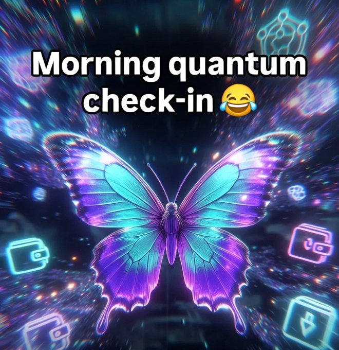The image features a purple butterfly with blue wings against a black background. The caption reads "Morning Quantum check-in @quipnetwork Quip Network makes post-quantum participation genuinely accessible: Sovereign protection on your existing wallets no moves, no forks Canary Nodes anyone can run on a regular laptop for network defense Hybrid compute where your hardware".