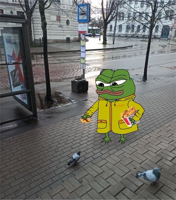 A digitally edited image featuring the cartoon character Pepe the Frog superimposed on a wet city sidewalk, wearing a yellow raincoat and holding McDonald's fries.