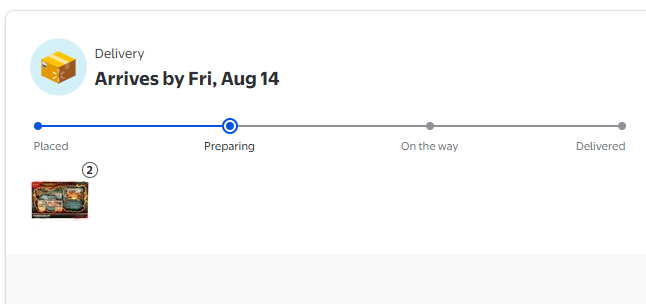 An order tracking interface showing a package delivery in the 'Preparing' stage, scheduled to arrive by Fri, Aug 14, with 2 Pokemon-themed items visible in the order.