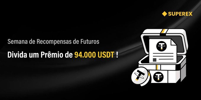 A black advertisement for SUPEREX featuring a treasure chest with Tether (USDT) coins, announcing 'Semana de Recompensas de Futuros' and a prize of 94,000 USDT.