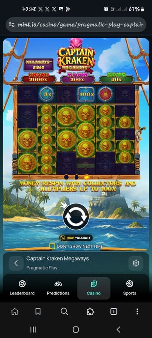 Mobile screenshot of an online casino game "Captain Kraken Megaways" by Pragmatic Play showing a slot machine interface with kraken-themed symbols and tropical island background.