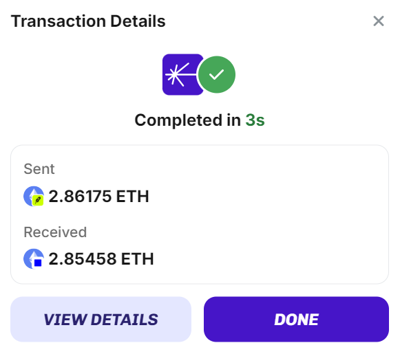 A transaction confirmation screen showing a completed swap in 3 seconds, with 2.86175 ETH sent and 2.85458 ETH received.