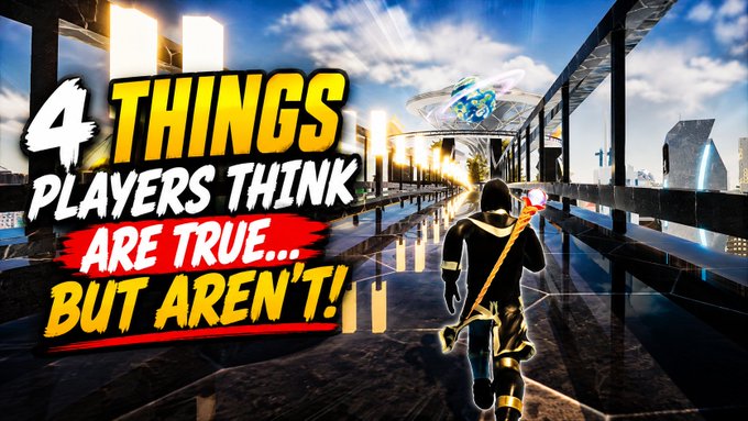 A video thumbnail with the text '4 THINGS PLAYERS THINK ARE TRUE... BUT AREN'T!' overlaid on a scene of a hooded character with a staff running through a futuristic structure.