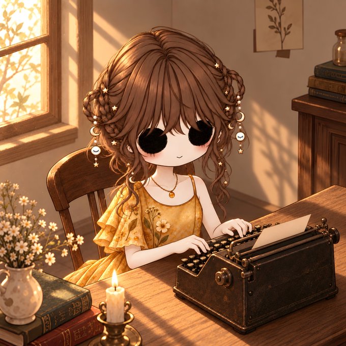 A stylized chibi illustration shows a young girl with brown braided hair and large dark eyes sitting at a wooden desk, writing on an antique typewriter in a warm, sunlit room. A lit candle, vase of flowers, and stacked books surround her, evoking a vintage literary atmosphere that thematically complements the post's call to join "The Hollow Ones" content challenge and share about their September 30 mint.
