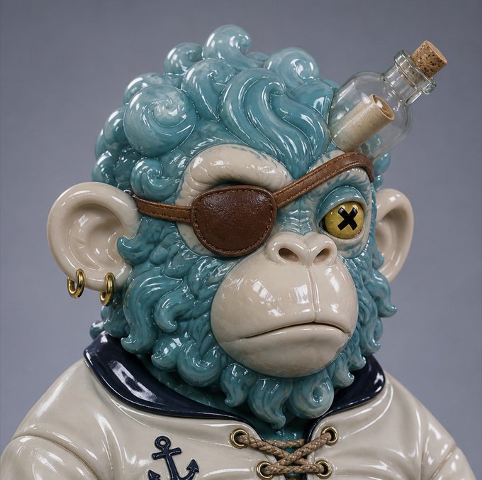 A ceramic sculpture of a light blue monkey with a white face, wearing a brown eye patch over one eye and a sailor-style outfit with an anchor emblem, with a small corked bottle tucked into its hair.