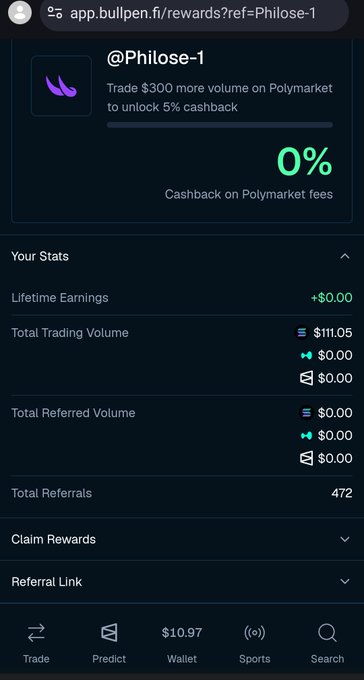Bullpen.fi rewards dashboard for @Philose-1 showing 0% cashback progress, $111.05 trading volume, 472 total referrals, and $10.97 wallet balance.