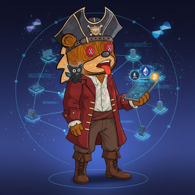 The image features a cartoon bear dressed as a pirate, holding a tablet or phone with its tongue sticking out playfully. The background of the image includes various computer networks and icons related to cryptocurrency, such as Bitcoin and Ether. The caption below the image reads "been messing with @quipnetwork testnet more and its actually shipping real workloads already Damn post quantum security wrapping my wallets on eth sol and btc without forcing a full rewrite is smart af tbh no more stressing over future Quantum hacks coming for the bags bruh".