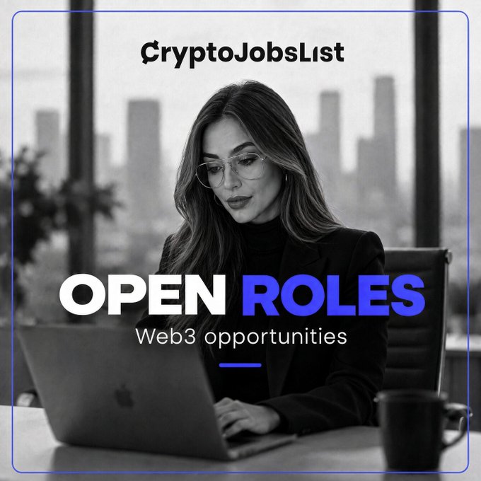 The image is a promotional graphic for CryptoJobsList featuring a black-and-white photo of a professional woman with glasses working on a laptop against a city skyline backdrop, with bold text reading "OPEN ROLES - Web3 opportunities." It visually reinforces the post's message by highlighting the variety of crypto and Web3 job opportunities available through the platform.