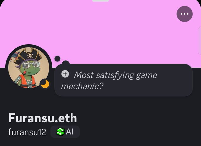 The image shows a pink background with a cartoon character wearing glasses and a pirate hat. The text on the image reads "Most satisfying game mechanical?" which appears to be part of a conversation or message related to a gaming experience.