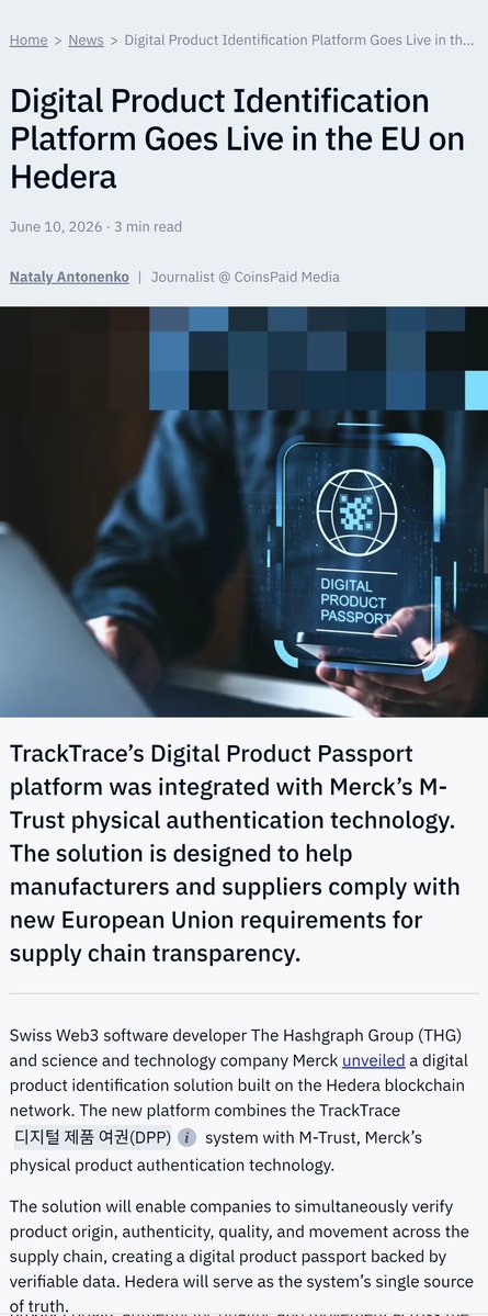 The image features a screenshot of a webpage displaying an article about digital product identification platforms, specifically ones that go live in the EU. The main focus of the image is a person holding up a digital product identifier certificate with two hands, showcasing its use as a product identification tool for supply chain management within the company.