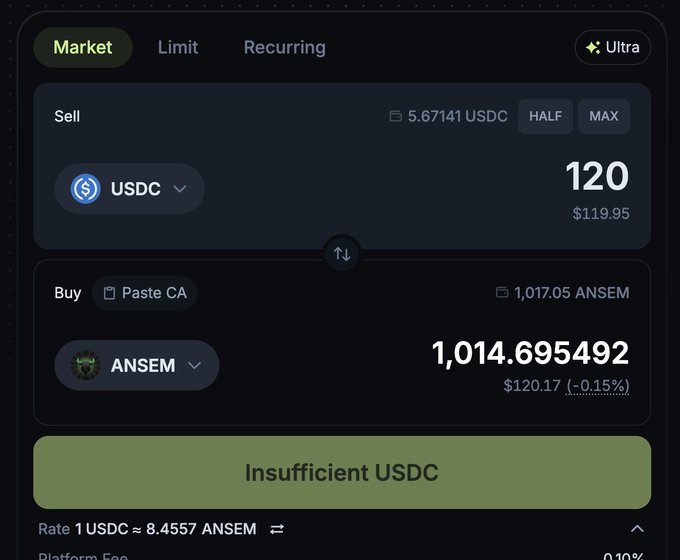 A cryptocurrency swap interface showing a sell order of 120 USDC (worth $119.95) for approximately 1,014.69 ANSEM tokens, but displaying an 'Insufficient USDC' error message at the bottom.