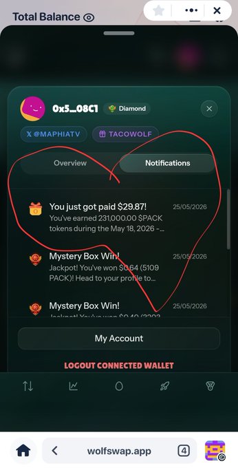 iphone screen displays a green background, a heart shape, and a red "Notifications" section with text about a recent purchase or win.