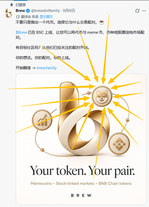 A screenshot of a Twitter/X post by @brewdotfamily dated September 6th, promoting the $BREW token on BSC with the tagline "Your token. Your pair. Memecoins • Stock-linked markets • BNB Chain tokens," featuring a Shiba Inu logo and a large gold "B" graphic with multiple yellow arrows pointing toward the doge icon—suggesting the post is highlighting the Shiba Inu branding as the focus of community skepticism, as reflected in the accompanying reply questioning whether $BREW is simply another SHIB copy and mentioning the ticker #BSHIB.