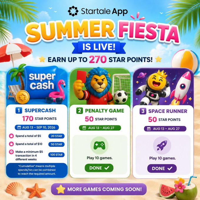 A promotional graphic for 'Startale App Summer Fiesta' event, offering up to 270 star points through three activities: Supercash (170 stars), Penalty Game (50 stars), and Space Runner (50 stars), running Aug 13 to Sep 10, 2026.