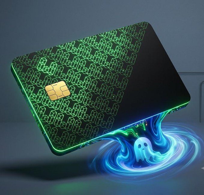 Stylized dark credit card with a glowing green padlock pattern and gold chip, with a blue swirling vortex containing a small ghost figure emerging from beneath it.
