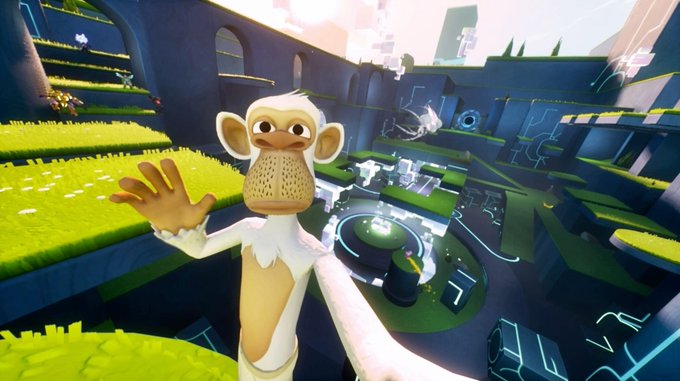 A 3D-rendered monkey character waves from a vibrant green and blue video game environment.