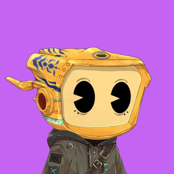 A digital illustration of a cute yellow robot character wearing a helmet with blue markings, set against a solid purple background.
