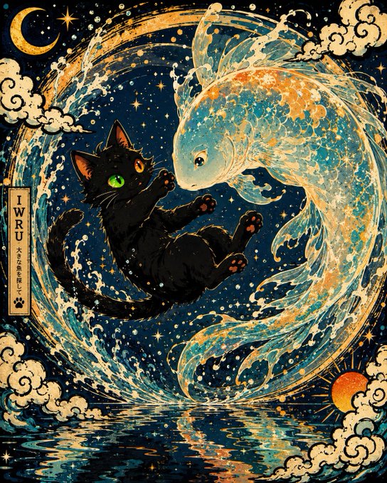 A stylized illustration depicting a black cat with glowing green and orange eyes playfully interacting with a translucent, glowing fish within a swirling cosmic water pattern, set against a starry night sky with a crescent moon and ocean reflection below. The text 'IWRU' and Chinese characters appear on the left side.
