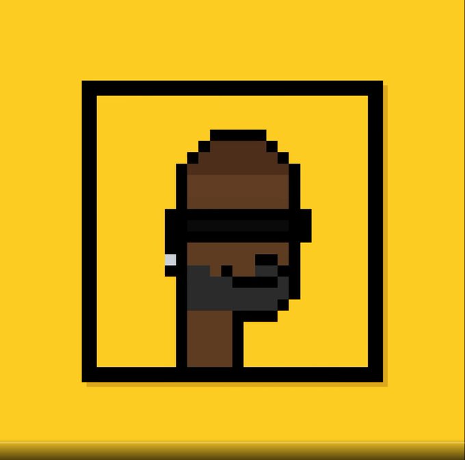 A pixel art illustration of a figure with brown hair and headphones wearing sunglasses, framed in black on a yellow background.
