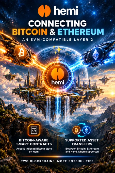 A promotional graphic for 'hemi' blockchain showing 'CONNECTING BITCOIN & ETHEREUM' as an EVM-compatible Layer 2, with features 'BITCOIN-AWARE SMART CONTRACTS' and 'SUPPORTED ASSET TRANSFERS', and tagline 'TWO BLOCKCHAINS. MORE POSSIBILITIES.'
