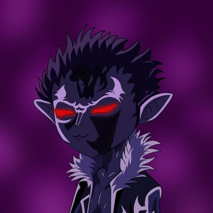 A dark, anime-style character with spiky black hair, pointed elf-like ears, glowing red eyes, and sharp facial markings stands against a deep purple background, fitting the eerie Bakemonoo NFT giveaway aesthetic. The art style showcases the kind of mythical creature design associated with the 10k supply Bakemonoo NFT collection being promoted.