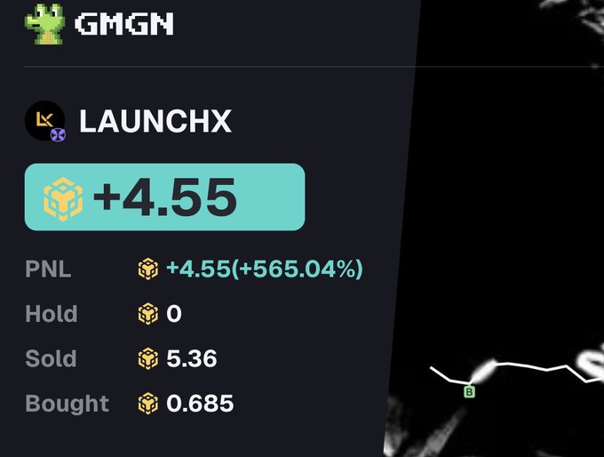 A GMGN trading interface displays LAUNCHX token with +4.55 (+565.04%) PNL, Hold 0, Sold 5.36, and Bought 0.685.