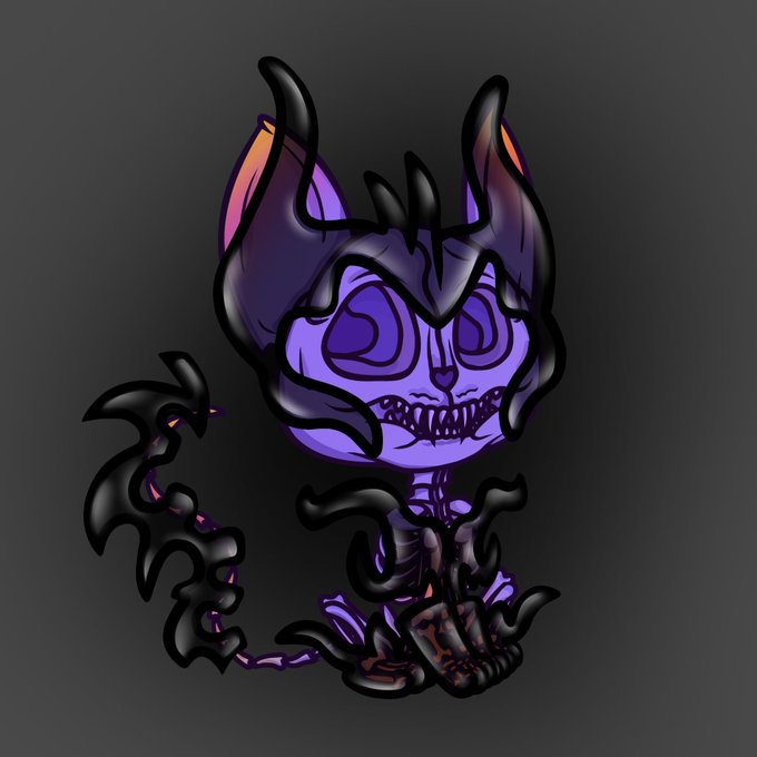A dark, stylized 3D illustration of a small purple demonic creature with large black horns, a toothy grin, and flame-like black tendrils emanating from its body, posed against a plain dark gray background.