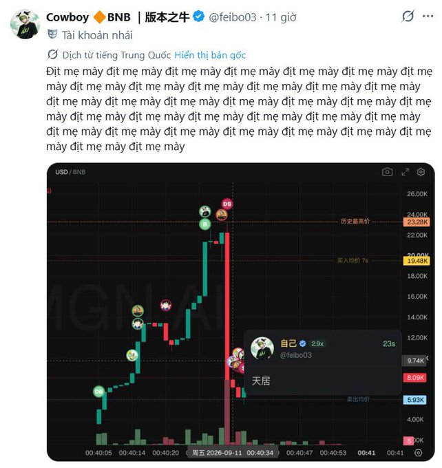 A tweet from 'Cowboy BNB' (@feibo03) with Vietnamese text containing repeated curse words, accompanied by a chart of the BNB/USDT price showing a sharp decline.