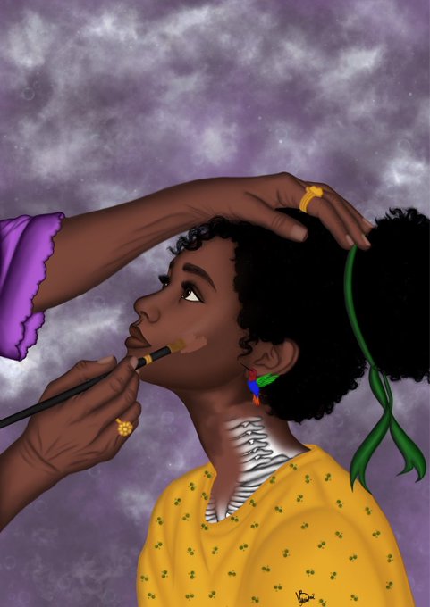 A digital illustration of a Black woman with short curly hair wearing a yellow shirt with green cactus patterns and a green ribbon, while a hand applies makeup to her face against a purple cloudy sky background.