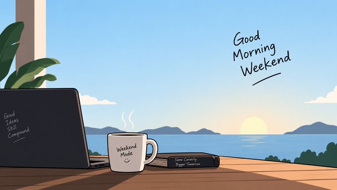 A cartoon illustration of a workspace with a laptop displaying 'Good Ideas Still Compound', a mug labeled 'Weekend Mode', and a book, set against a sunset over the ocean with 'Good Morning Weekend' written in the sky.