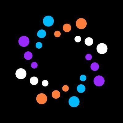 An abstract circular loading animation or logo design featuring variously sized dots in cyan, orange, purple, and white arranged in a ring on a black background.