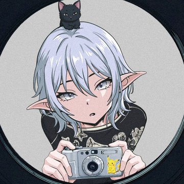 An anime-style character with pointed ears and white hair holds a camera while a small black cat sits on her head. The image appears to be one of the "momo NFTs" mentioned in the post, showcasing the stylized artwork that the user appreciates.