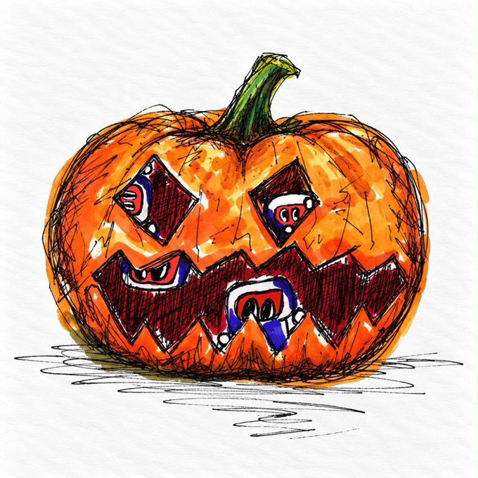 A hand-drawn sketch of an angry jack-o'-lantern with menacing red and blue eyes and a jagged mouth on white paper.