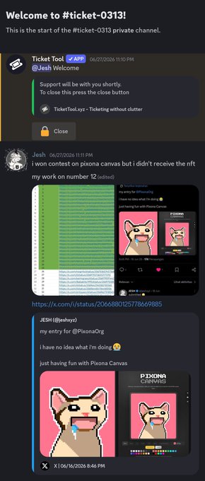 Screenshot of a Discord channel '#ticket-0313' showing a user named Jesh discussing a contest entry for 'Pixona Canvas' with related images and links.