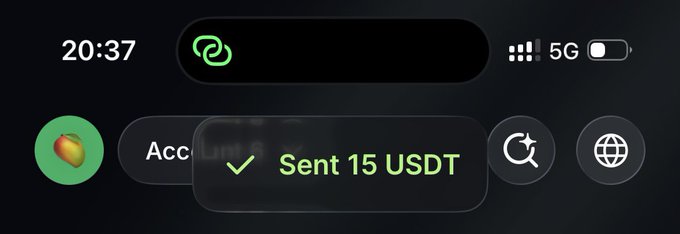 A smartphone notification screen showing the time 20:37 with a transaction confirmation reading '✓ Sent 15 USDT'.