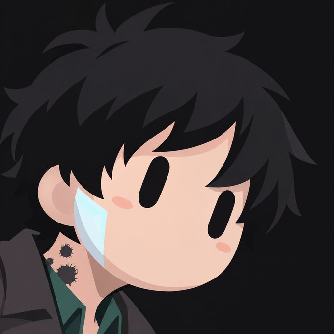 A chibi-style cartoon illustration of a character with messy black hair, large black eyes, and rosy cheeks, wearing a green shirt and dark jacket, with one ear appearing mechanical or robotic against a black background.
