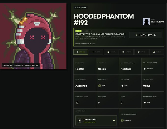 A screenshot of an NFT marketplace listing for "HOODED PHANTOM #192" from the Awakened Genesix Evolution collection, showing details like 0 ETH price, #2919 stake, and Phantom Pot activated status.