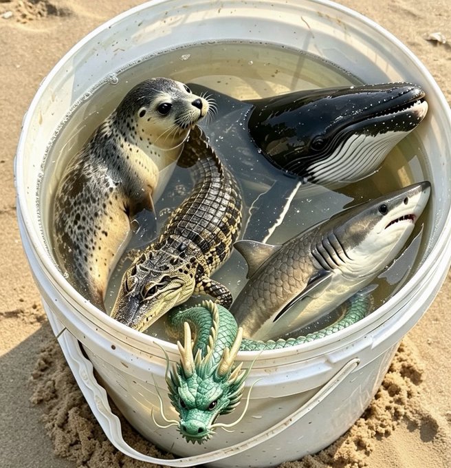 A white bucket on sandy ground holds a chaotic mix of creatures: a seal, a humpback whale, an alligator, a shark, a green dragon, and a small lizard all crammed together in water.

The image humorously mirrors the post's tone of despair and regret—the bucket overflowing with mismatched, desperate creatures (including a "whale" and an "alligator/croc," slang terms for large and predatory crypto traders) visually represents the author's feeling of being overwhelmed and "cut up" by losses from chasing trending tokens like $LAPTAP and $omin.