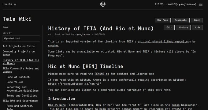A screenshot of a wiki page titled 'Teia Wiki' showing the 'History of TEIA (And Hic et Nunc)', with a sidebar menu including items like 'Art Projects on Tezos' and 'Community Projects on Tezos'.
