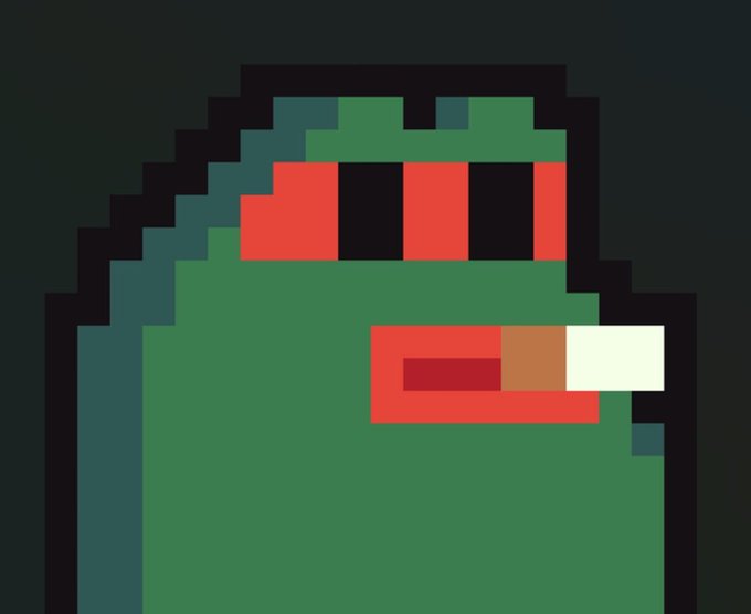 A pixel art illustration of a green Among Us character with a cigarette, featuring a dark green visor and red accents.