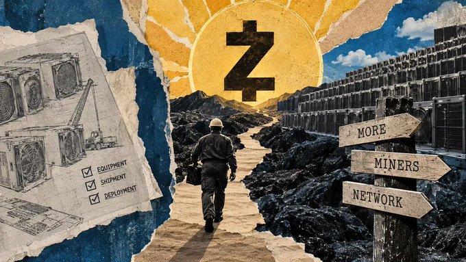 A collage-style promotional image featuring a 'Z' symbol, a checklist for 'EQUIPMENT, SHIPMENT, DEPLOYMENT,' a worker walking a road, and a signpost pointing to 'MORE, MINERS, NETWORK'.