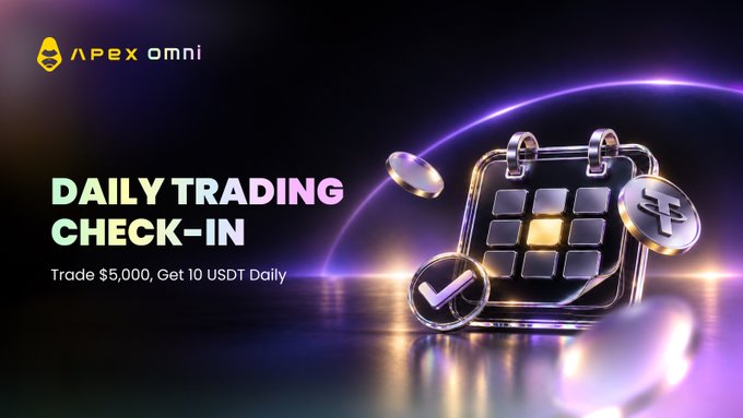 A promotional banner for 'APEX OMNI' featuring a 'DAILY TRADING CHECK-IN' offer with the text 'Trade $5,000, Get 10 USDT Daily' alongside a 3D graphic of a calendar with cryptocurrency-themed coins.